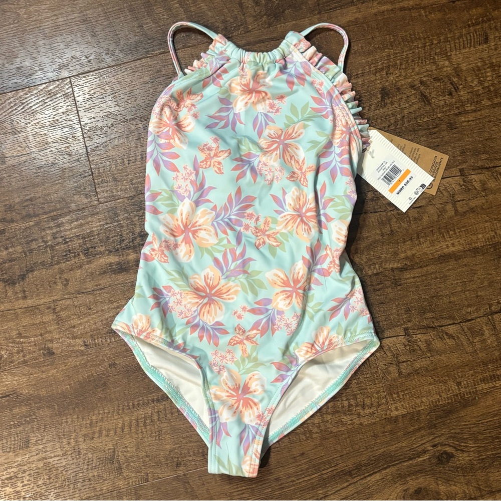NWT Billabong Girls One Piece Floral Swimsuit Mint Sunshine Tropical Hawaiian 🌺